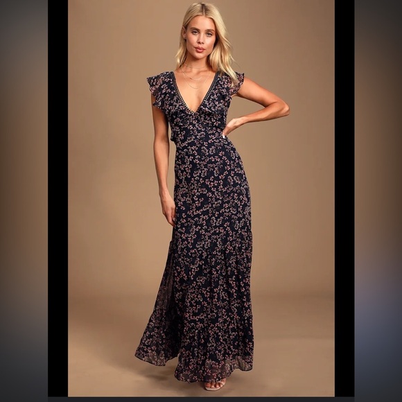 Lulu's Darling Daydream Navy Blue Floral Print Ruffled Maxi Dress - Picture 1 of 4